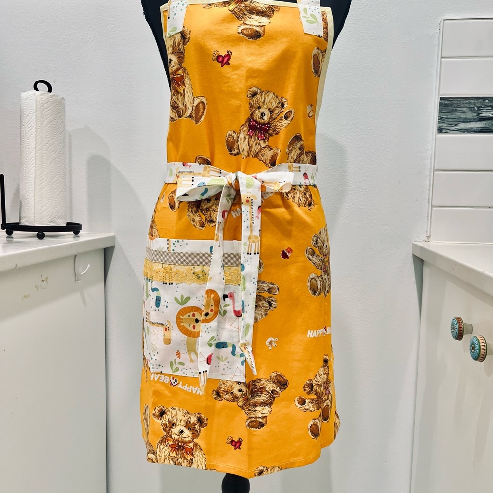 Handmade Teddy Bear Print Apron - Orange